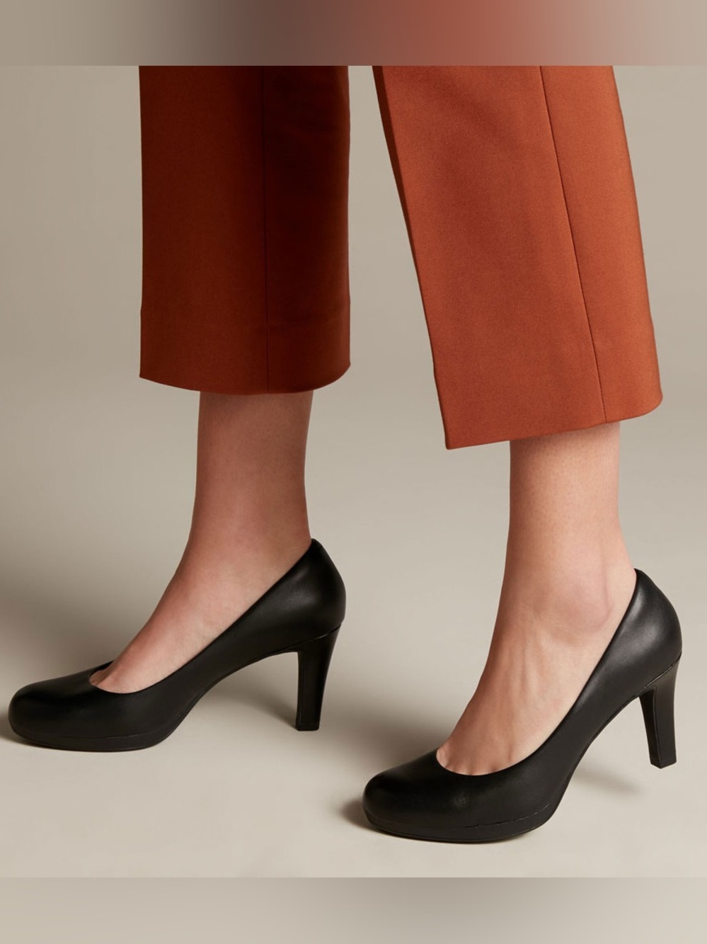 Clarks Adriel Viola Classic Black Leather Mid-Heel Almond Toe Pumps